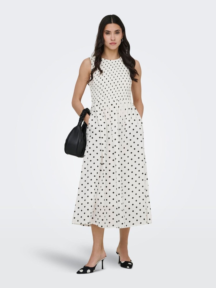 JDY White Polka Dot Smock Midi Dress - Image 2 of 6