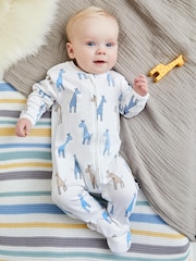 JoJo Maman Bébé White Giraffe Print Zip Cotton Baby Sleepsuit - Image 1 of 4