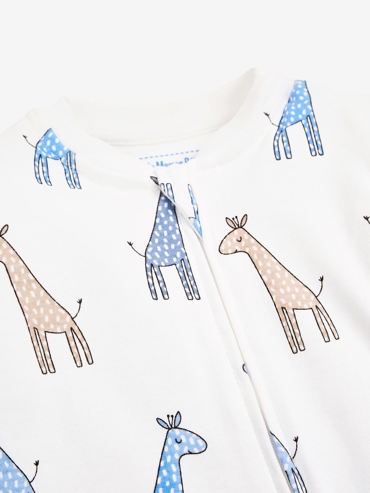 JoJo Maman Bébé White Giraffe Print Zip Cotton Baby Sleepsuit - Image 4 of 4