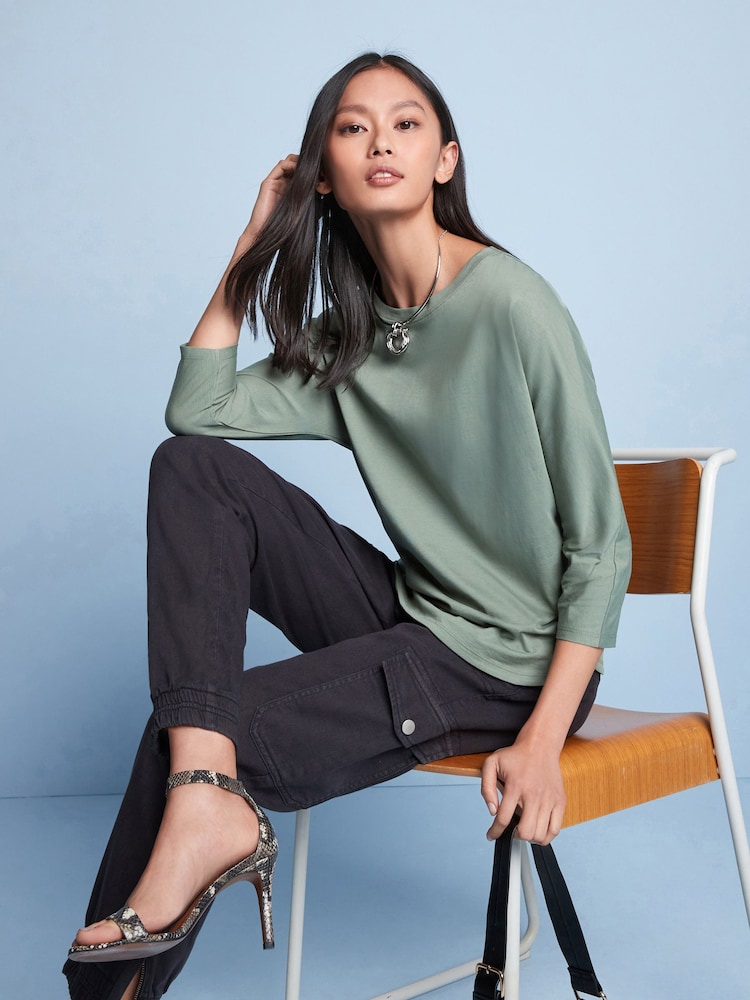 Khaki Green 3/4 Length Sleeve 100% Cotton T-Shirt - Image 1 of 5 Khaki Green 3/4 Length Sleeve 100% Cotton T-Shirt - Image 1 of 5