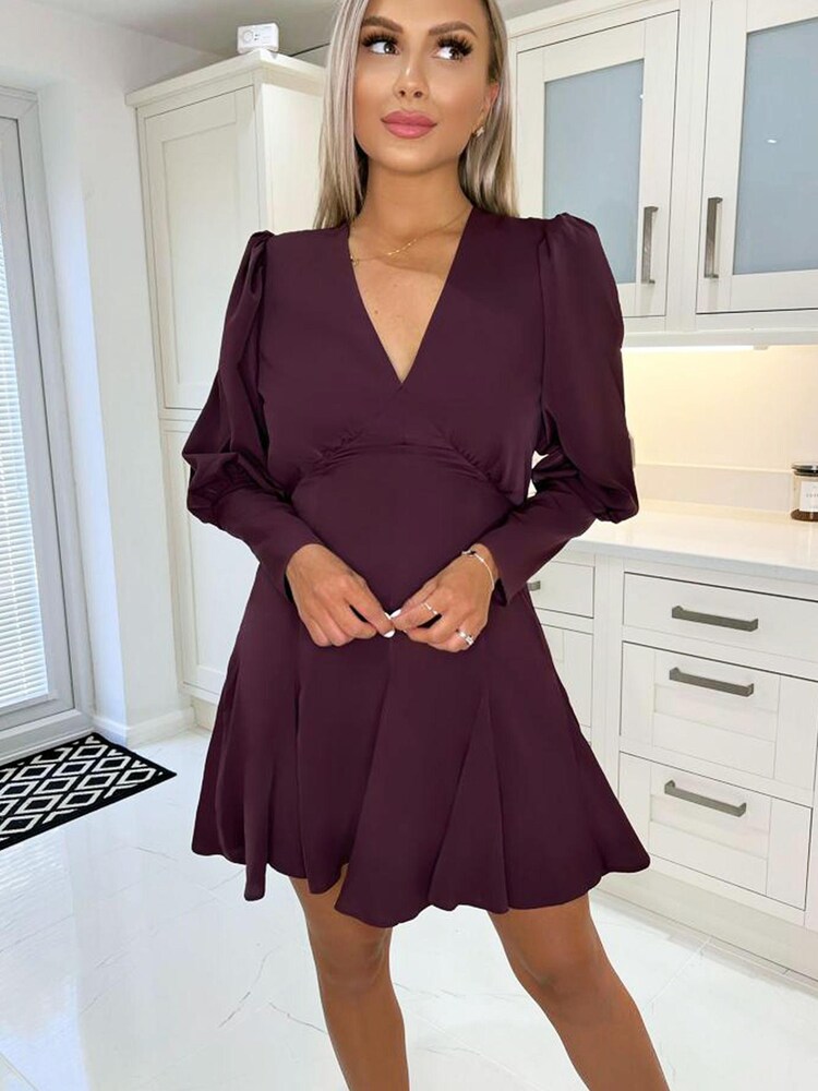 AX Paris Purple Plum V-Neck Long Sleeve Skater Dress - Image 4 of 4