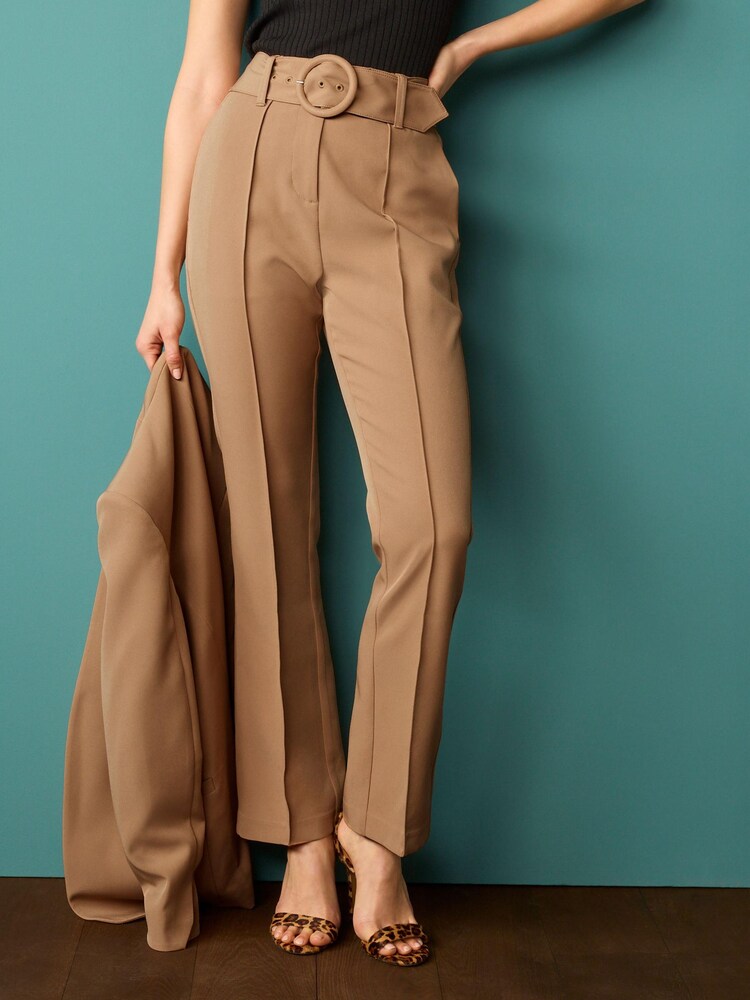Camel Brown Tailored Belted Straight Trousers - Image 2 of 5