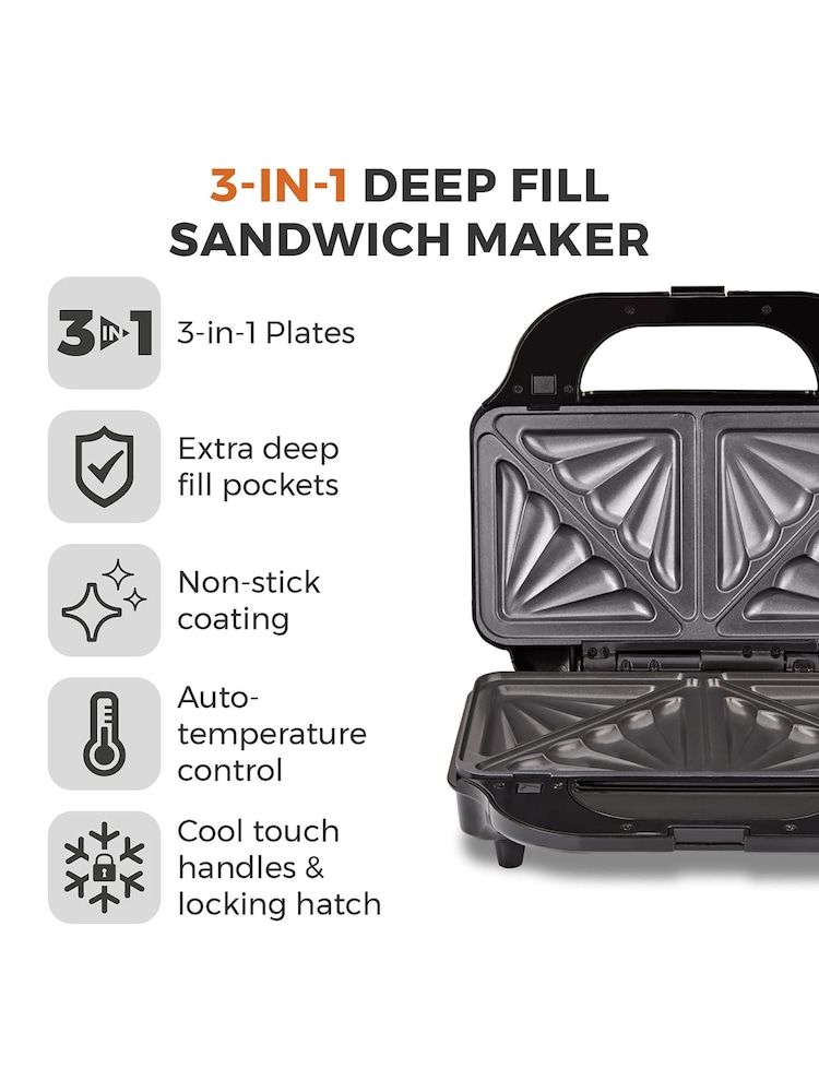 Tower Silver 3-in-1 Deep Fill Sandwich Maker - Image 2 of 8