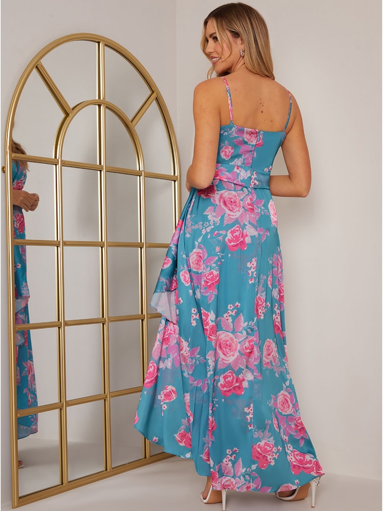 Chi Chi London Blue Petite Cami Floral Wrap Dip Hem Midi Dress - Image 2 of 5 Chi Chi London Blue Petite Cami Floral Wrap Dip Hem Midi Dress - Image 2 of 5