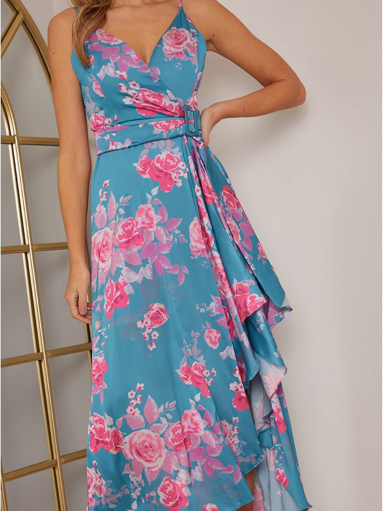 Chi Chi London Blue Petite Cami Floral Wrap Dip Hem Midi Dress - Image 5 of 5 Chi Chi London Blue Petite Cami Floral Wrap Dip Hem Midi Dress - Image 5 of 5