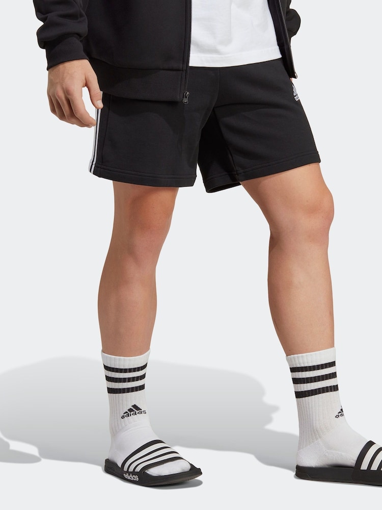 adidas Black Essentials French Terry 3-Stripes 100% Cotton Shorts - Image 2 of 8