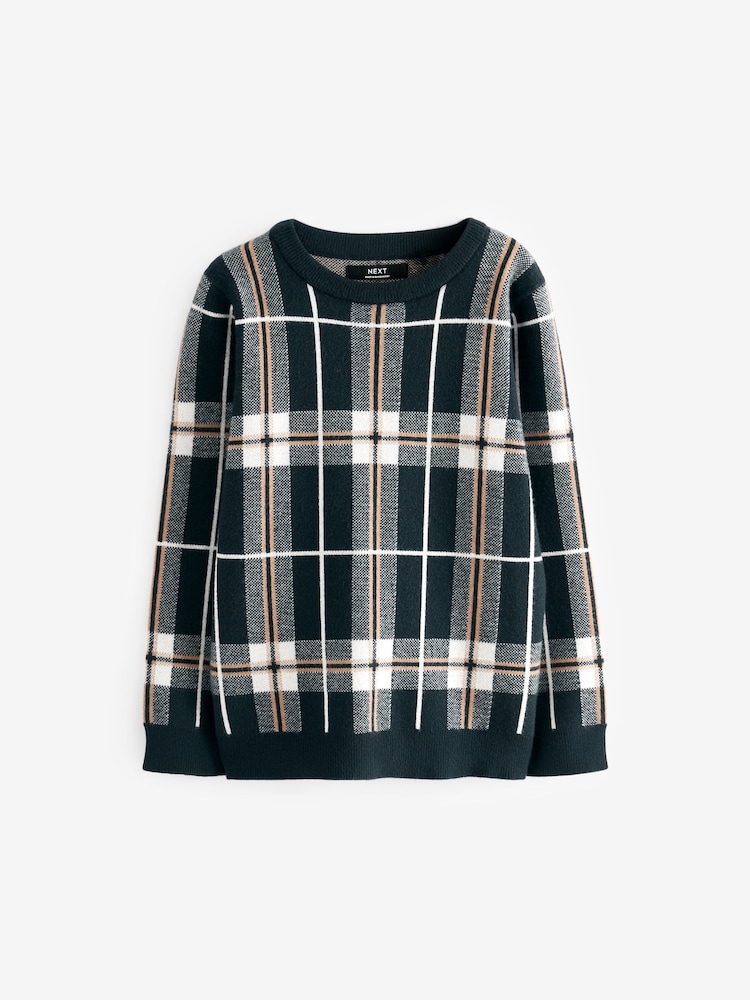 Navy Blue Check Crew Jumper (3-16yrs) - Image 1 of 3 Navy Blue Check Crew Jumper (3-16yrs) - Image 1 of 3