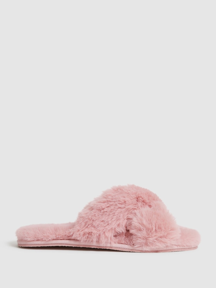 Reiss Blush Aspen Faux Fur Cross Over Slippers - Image 1 of 6