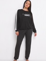 Simply Be Black Pretty Secrets Mono Polka Dot Side Stripe Twosie Pyjamas - Image 1 of 4