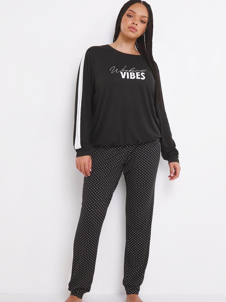 Simply Be Black Pretty Secrets Mono Polka Dot Side Stripe Twosie Pyjamas - Image 1 of 4