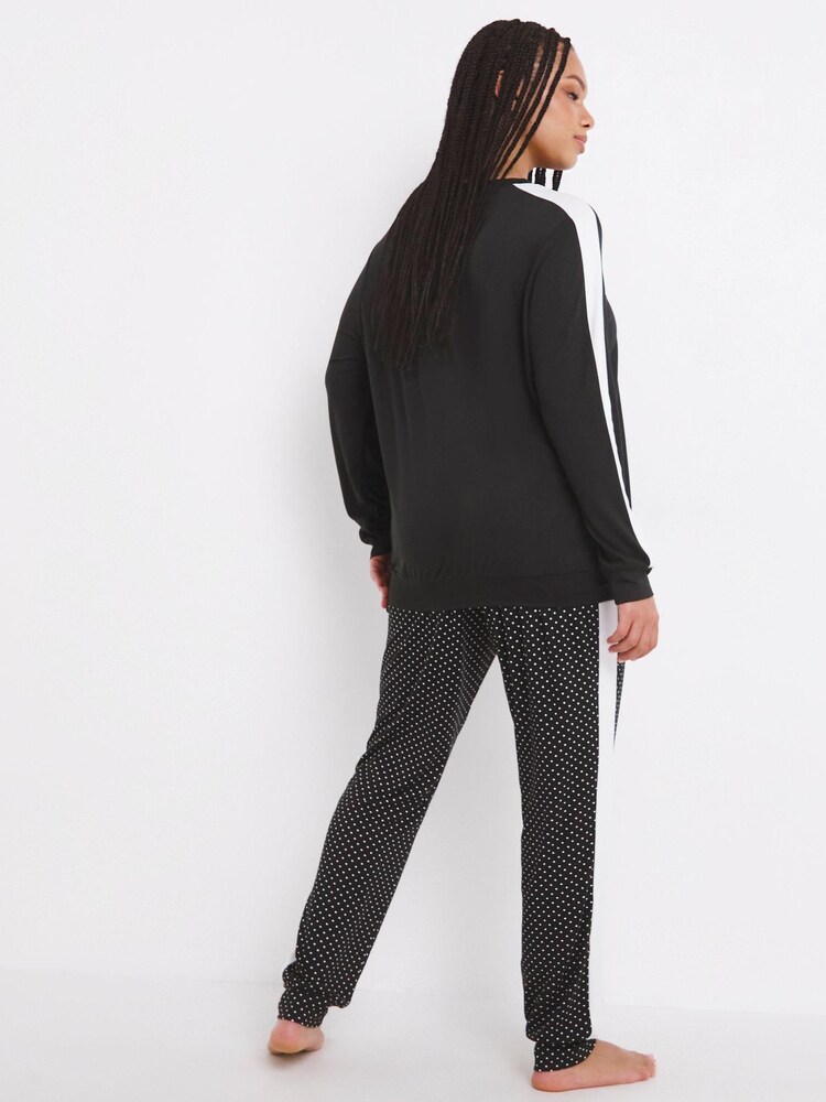 Simply Be Black Pretty Secrets Mono Polka Dot Side Stripe Twosie Pyjamas - Image 2 of 4