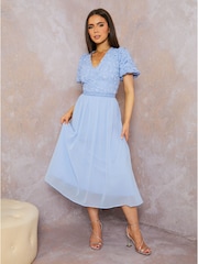 Chi Chi London Blue Puff Sleeve Premium Lace Midi Dress - Image 1 of 3