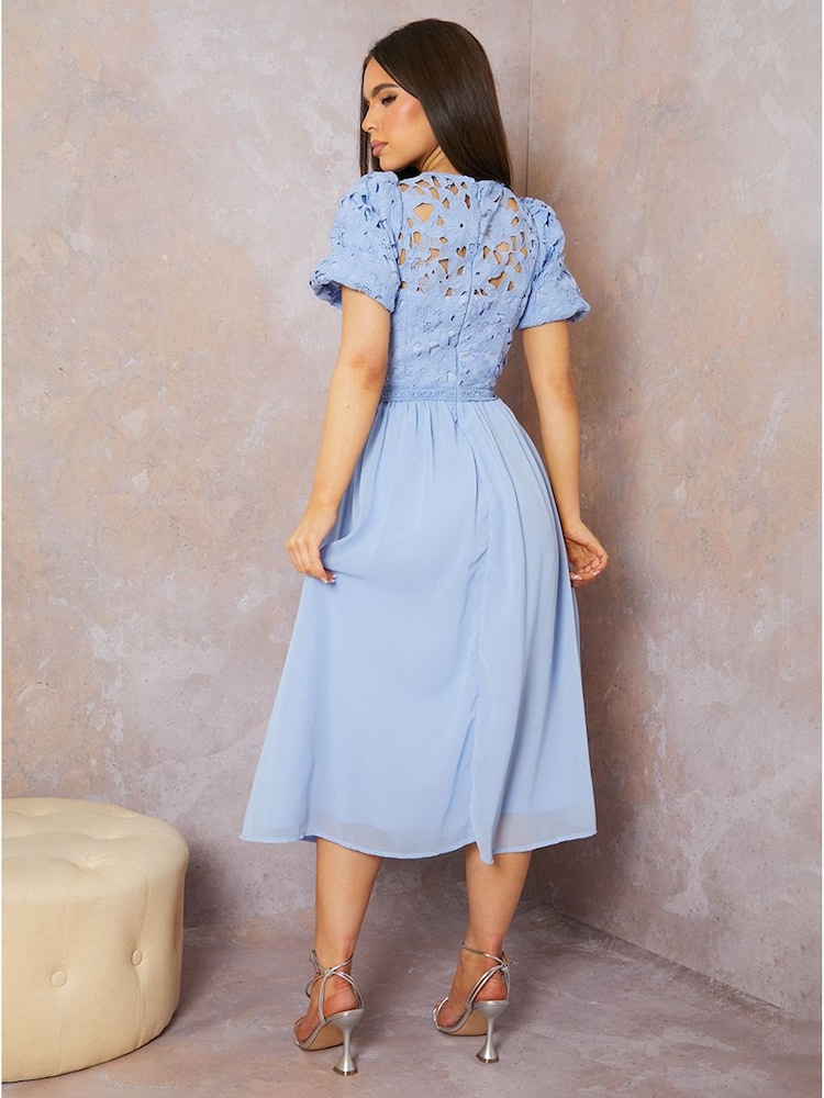 Chi Chi London Blue Puff Sleeve Premium Lace Midi Dress - Image 2 of 3