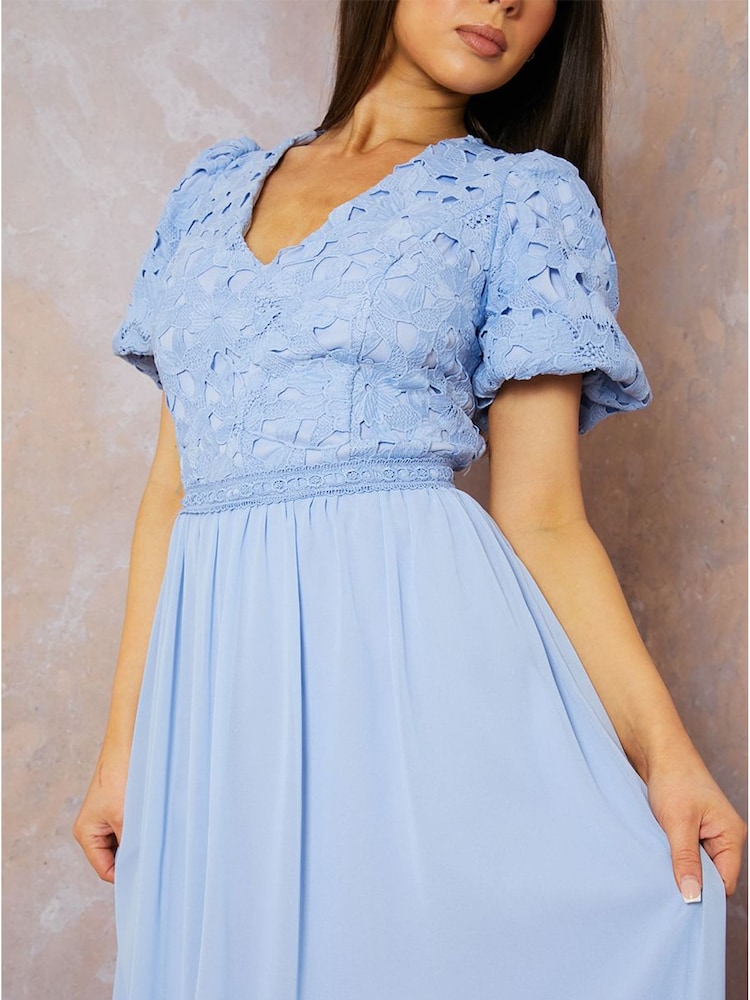 Chi Chi London Blue Puff Sleeve Premium Lace Midi Dress - Image 3 of 3 Chi Chi London Blue Puff Sleeve Premium Lace Midi Dress - Image 3 of 3