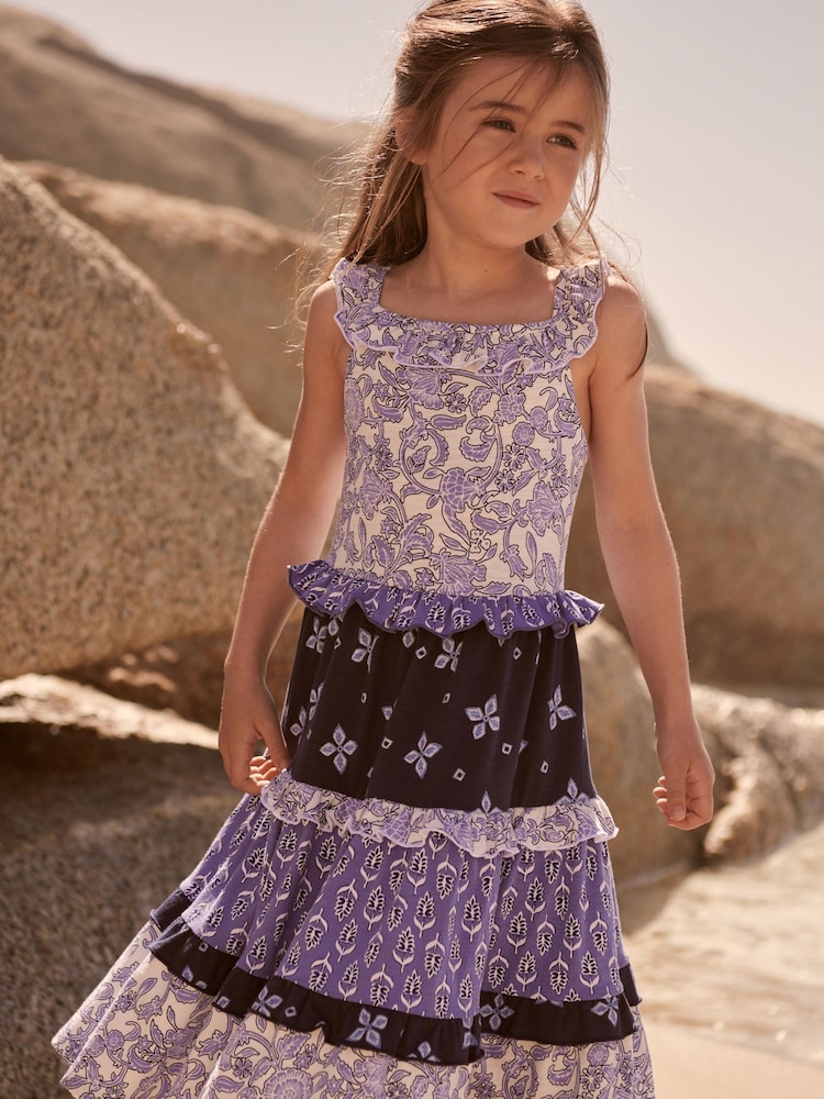 Navy Blue/White Woodblock Mixed Floral Print Broderie Tiered Jersey Midi Dress (3-16yrs) - Image 1 of 5