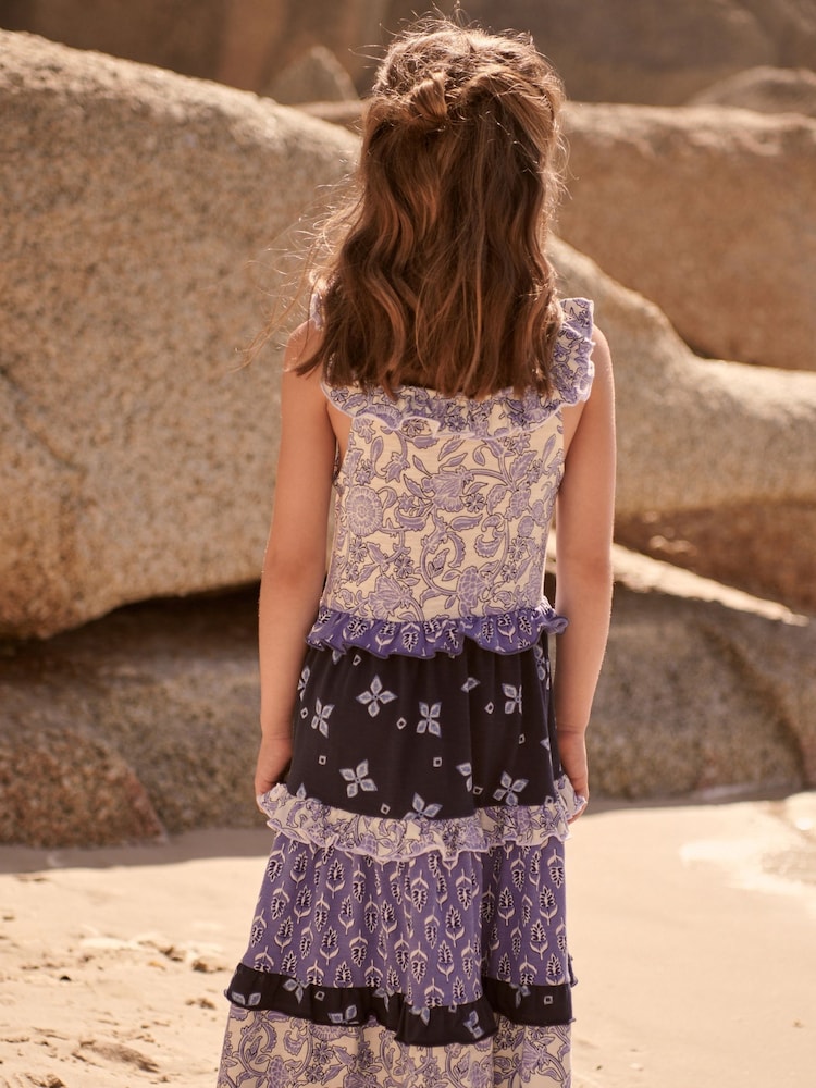 Navy Blue/White Woodblock Mixed Floral Print Broderie Tiered Jersey Midi Dress (3-16yrs) - Image 2 of 5