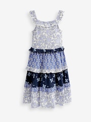 Navy Blue/White Woodblock Mixed Floral Print Broderie Tiered Jersey Midi Dress (3-16yrs) - Image 5 of 5