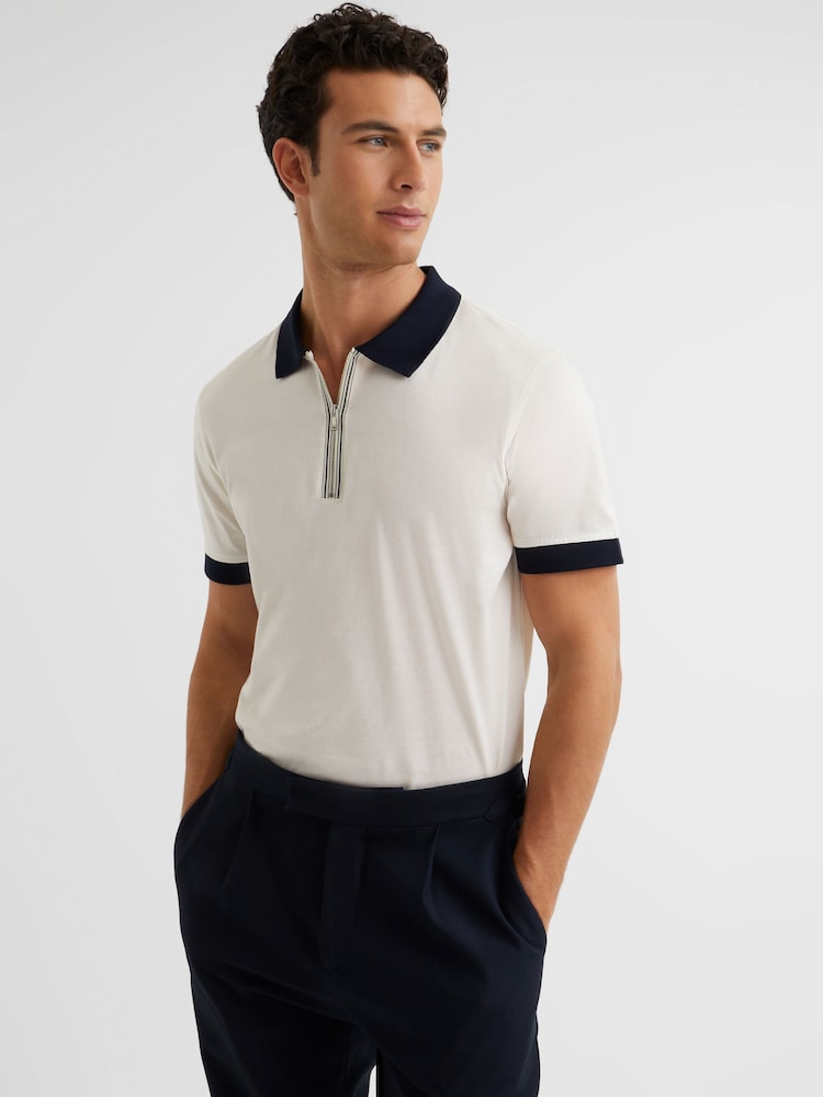 Reiss White/Navy North Mercerised Zip Neck Polo T-Shirt - Image 1 of 6