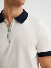 Reiss White/Navy North Mercerised Zip Neck Polo T-Shirt - Image 4 of 6