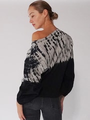 Religion Grey Batwing Off The Shoulder Tie Dye Top with Slogan - Image 2 of 6