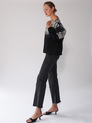 Religion Grey Batwing Off The Shoulder Tie Dye Top with Slogan - Image 5 of 6