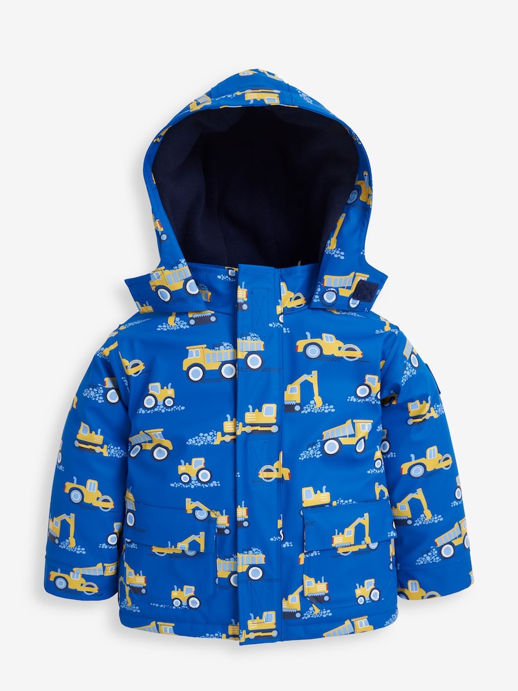 JoJo Maman Bébé Cobalt Blue Digger Print Cosy Waterproof Jacket - Image 2 of 7