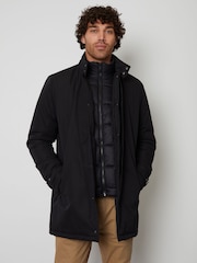 Threadbare Black Showerproof Mock Layer Funnel Neck Coat - Image 1 of 7