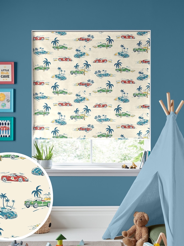 Cath Kidston Cream Kids Fast Cars Made to Measure Roman 100% Cotton Blind - Image 1 of 6