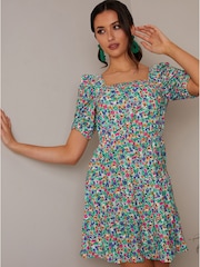 Chi Chi London Green V-Neckline Floral Mini Dress - Image 1 of 3