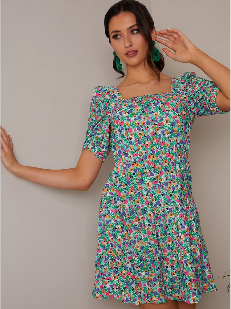 Chi Chi London Green V-Neckline Floral Mini Dress - Image 1 of 3
