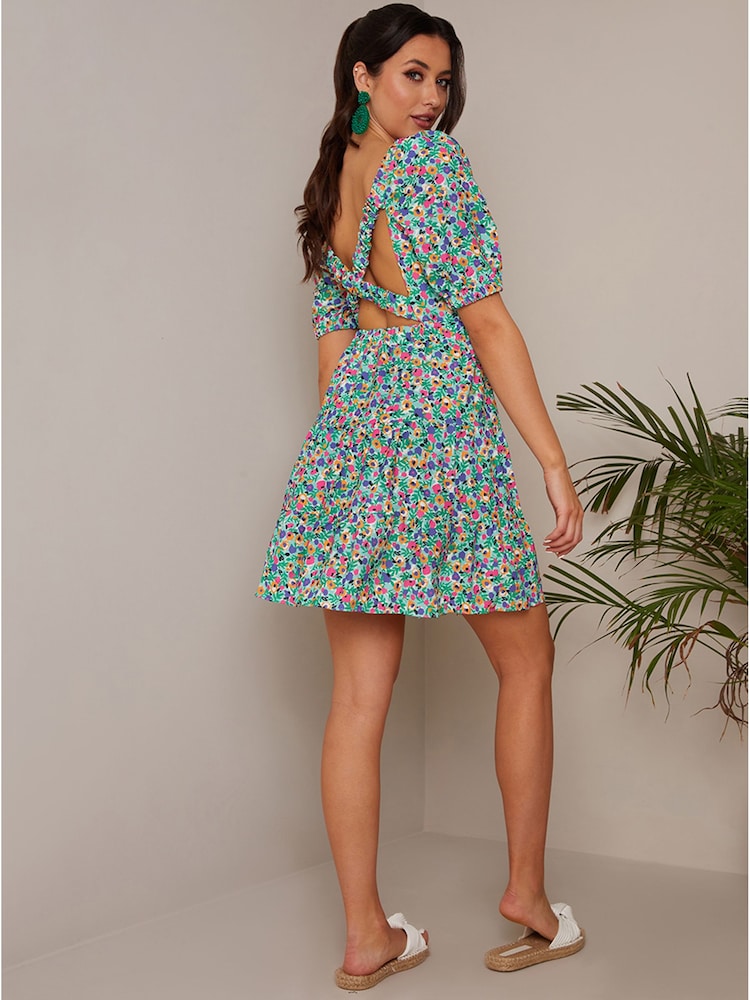 Chi Chi London Green V-Neckline Floral Mini Dress - Image 2 of 3