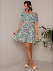 Chi Chi London Green V-Neckline Floral Mini Dress - Image 3 of 3