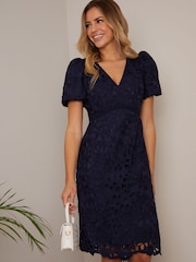 Chi Chi London Blue Puff Sleeve Premium Lace Mini Dress - Image 1 of 4