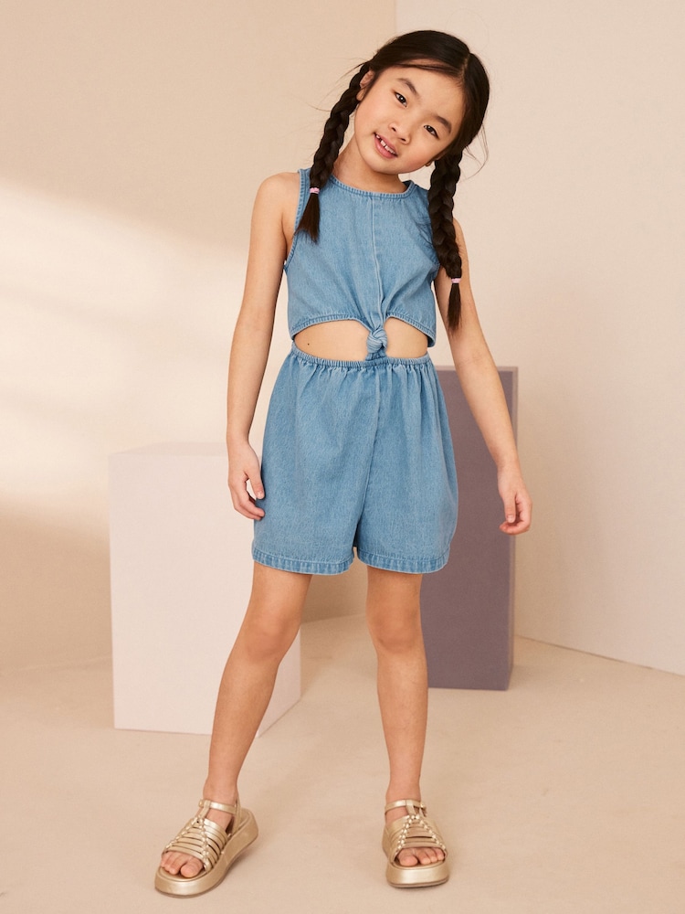 Blue Denim Twist Knot 100% Cotton Playsuit (3-16yrs) - Image 1 of 7 Blue Denim Twist Knot 100% Cotton Playsuit (3-16yrs) - Image 1 of 7