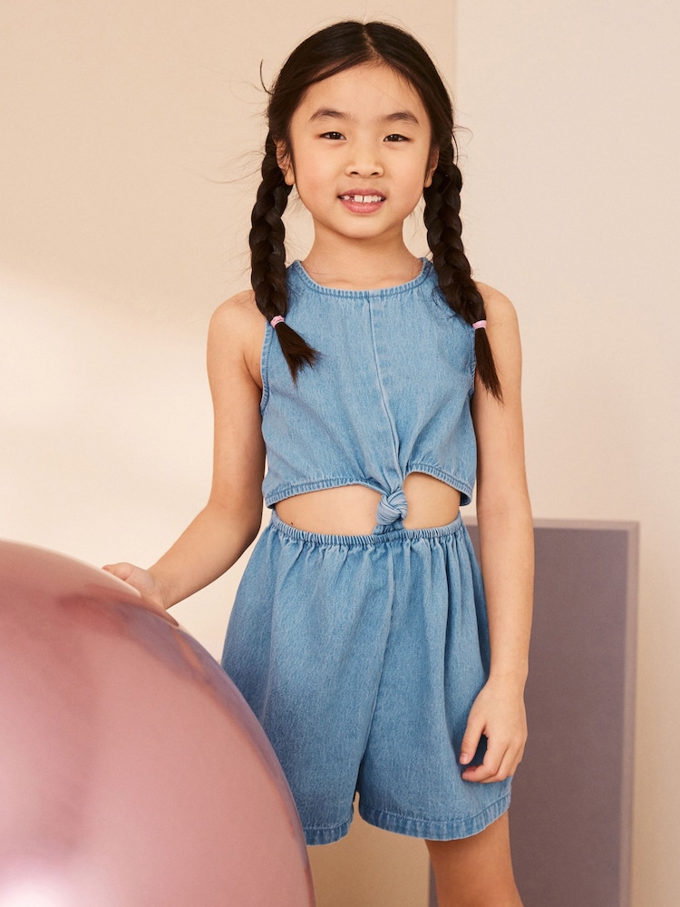 Blue Denim Twist Knot 100% Cotton Playsuit (3-16yrs) - Image 2 of 7 Blue Denim Twist Knot 100% Cotton Playsuit (3-16yrs) - Image 2 of 7