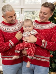 JoJo Maman Bébé Red Reindeer Fairisle Pattern Knitted Baby All-In-One - Image 1 of 4