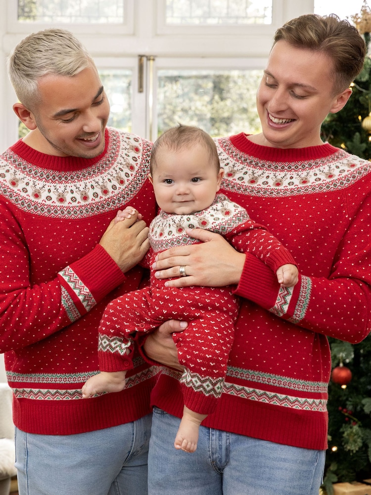 JoJo Maman Bébé Red Reindeer Fairisle Pattern Knitted Baby All-In-One - Image 1 of 4