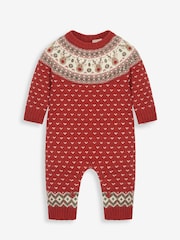 JoJo Maman Bébé Red Reindeer Fairisle Pattern Knitted Baby All-In-One - Image 3 of 4