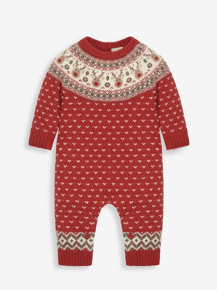 JoJo Maman Bébé Red Reindeer Fairisle Pattern Knitted Baby All-In-One - Image 3 of 4