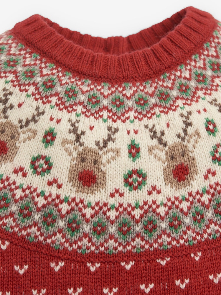 JoJo Maman Bébé Red Reindeer Fairisle Pattern Knitted Baby All-In-One - Image 4 of 4