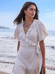 Natural Beige Natural Beige Midi Wrap Summer Dress with Linen - Image 1 of 6