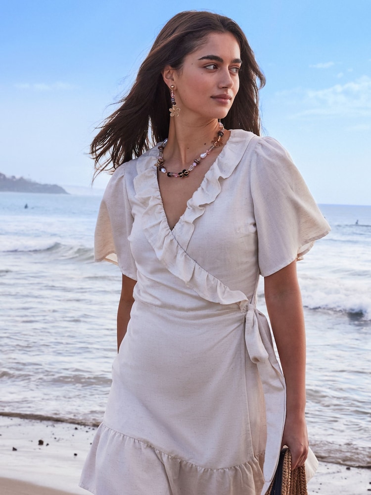 Natural Beige Natural Beige Midi Wrap Summer Dress with Linen - Image 1 of 6
