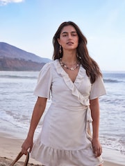 Natural Beige Natural Beige Midi Wrap Summer Dress with Linen - Image 2 of 6