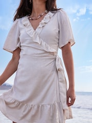 Natural Beige Natural Beige Midi Wrap Summer Dress with Linen - Image 5 of 6
