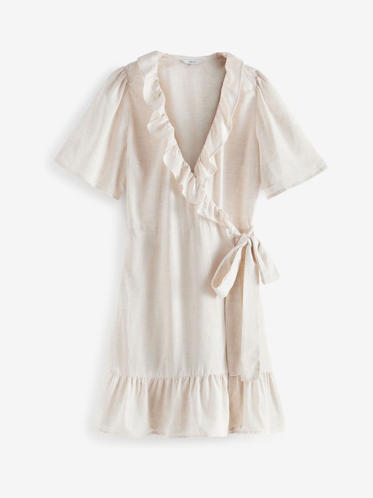 Natural Beige Natural Beige Midi Wrap Summer Dress with Linen - Image 6 of 6