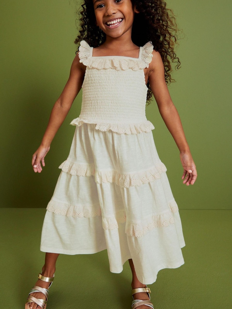 White Broderie Tiered Jersey Midi Dress (3-16yrs) - Image 1 of 3