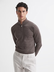 Reiss Mouse Brown Melange Blackhall Merino Wool Zip Neck Jumper - Image 1 of 6