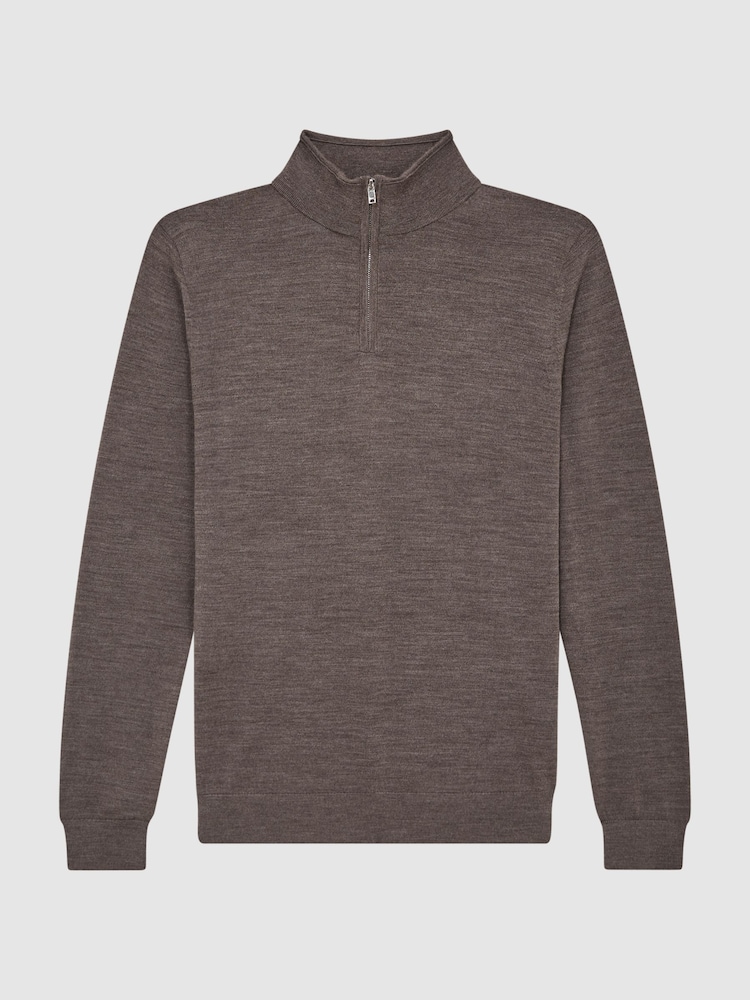 Reiss Mouse Brown Melange Blackhall Merino Wool Zip Neck Jumper - Image 2 of 6