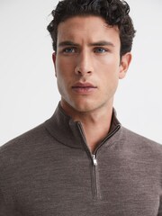 Reiss Mouse Brown Melange Blackhall Merino Wool Zip Neck Jumper - Image 4 of 6