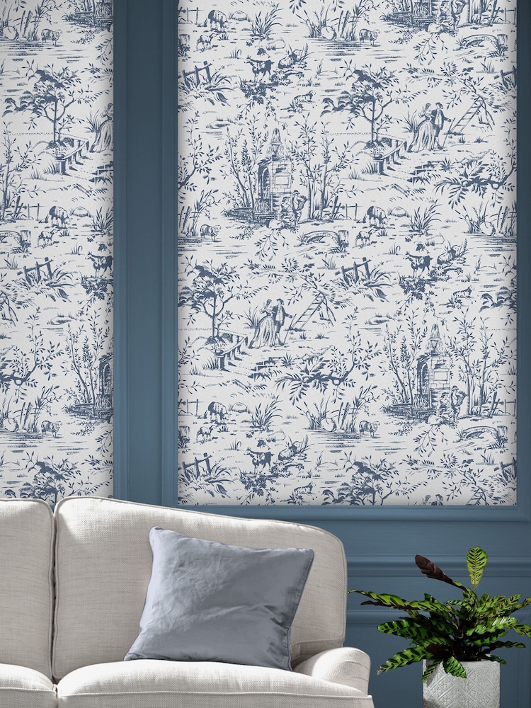 Laura Ashley Dark Seaspray Toile de Jouy 10M Wallpaper - Image 1 of 4
